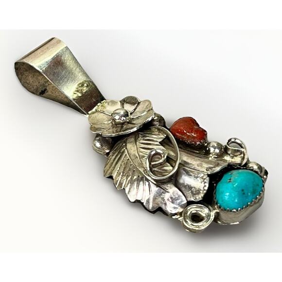 Large Vintage Native Navajo Turquoise Coral Sterling Silver Pendant 2.5” Signed - Picture 2 of 13